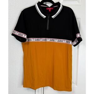 GUESS Colorblock Zip Polo Shirt Black Mustard Logo Tape Large